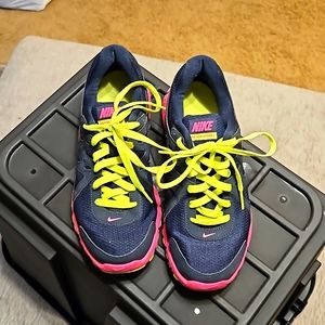 Nike navy blue, pink and fluorescent green Revolution 2 athletic shoes 7.5